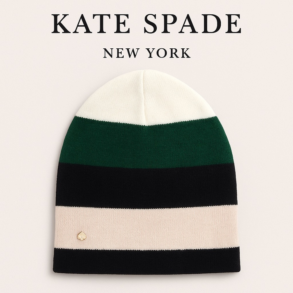 Kate Spade Colorblock Beanie – Ivory, Forest Green & Black Knit Hat